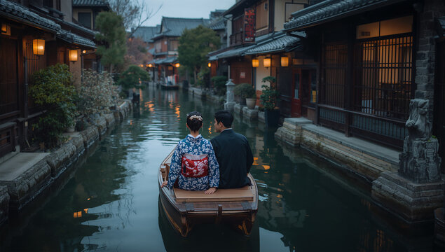 水辺の旅館街で和装の日本人カップルが小舟に乗る風景