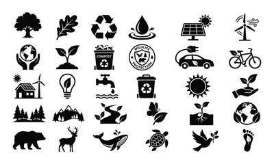 Fototapeta premium Eco, friendly, ecology, icons, set, with, green, energy, recycling, environment, sustainability, wildlife, protection, nature, conservation, elements, icons, collection, vector, illustration