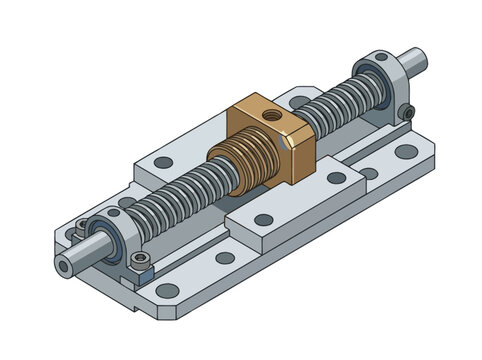 Isometric 3D CAD model of a mechanical linear actuator lead screw assembly. EPS Editable