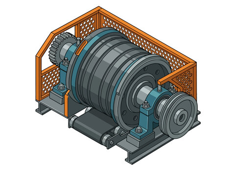 Isometric 3D illustration of an industrial winch mechanism with safety cage. EPS Editable
