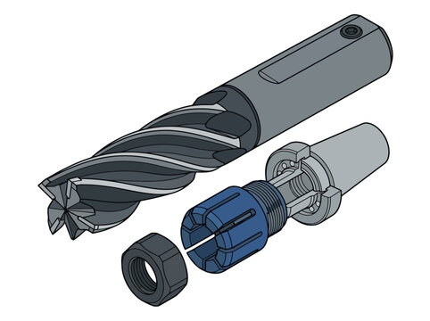 Technical illustration of end mill cutter and collet chuck assembly components. EPS Editable