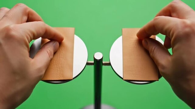 Hands placing material samples on metal plates against green screen.