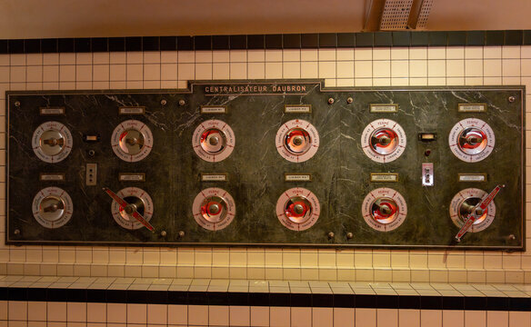 Reims, France - 8 Mar 25: Centralisateur Daubron vintage valve panel at Maison Mumm