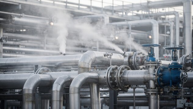 Medium shot revealing steam escaping from intermediate tank farm pipelines and valves highlighting active flow control in a semiprocessed materials routing system.