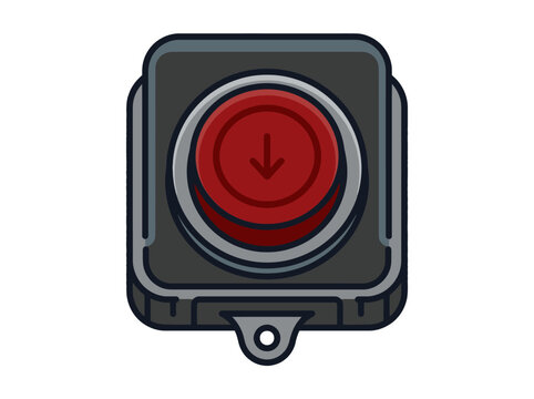 Vector illustration of a red industrial push button with a down arrow icon. EPS Editable