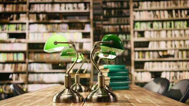 Empty university library with a stack of books and green lamp at desk, classic study space with bookshelves and academic materials, Establishing shot of empty library interior, quiet room.