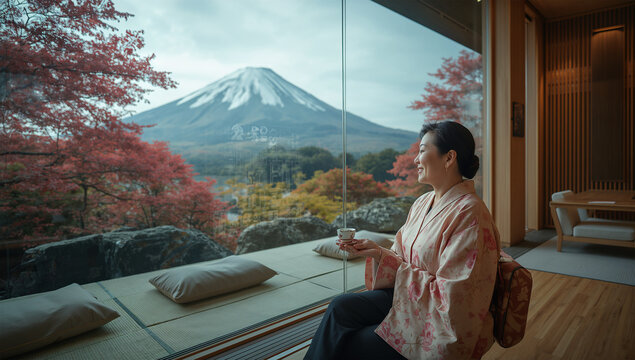未来型ラウンジで日本人高齢女性が富士山を望み健康茶を持つ風景