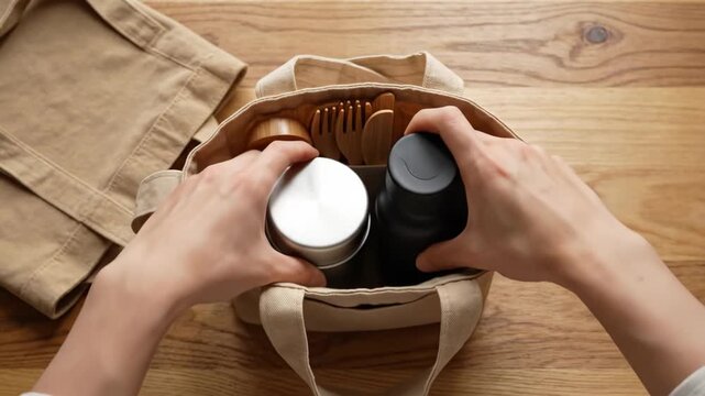 Reusable container bottle wooden utensil cutlery stainless steel lunch box promoting zero waste lifestyle eco friendly choices