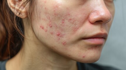 Fototapeta premium acne on woman face with rash skin, scar, and red skin syndrome allergic to cosmetics, use steroids, dermatology, inflammation, infection, hygiene