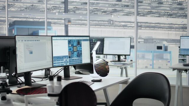 Microchip factory research office with digital workstations used to inspect processor layout, tech workspace used for hardware systems innovations in semiconductor computing.