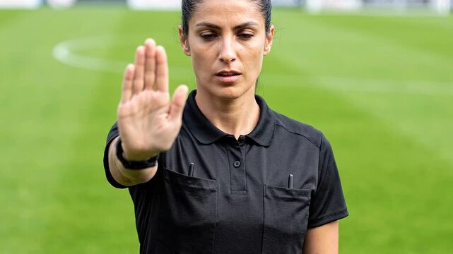 Referee Whistle Signal on Soccer Field, Professional Sports Officiating Concept for Coaching, Training and Rules Education
