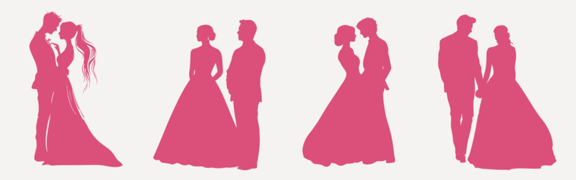 Romantic couple silhouettes wedding vector set