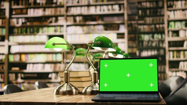 Isolated green screen mockup on laptop inside empty library, copy space of replaceable screen device, Front view of wooden library desk with green lamps and blurred bookshelves, supporting coursework.