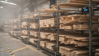 Obraz premium Medium shot capturing rows of lumber evenly spaced in kiln staging area highlighting moisture control efforts in manufacturing prep.