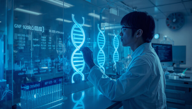 日本人研究者がDNA配列を解析する精密医療の研究写真