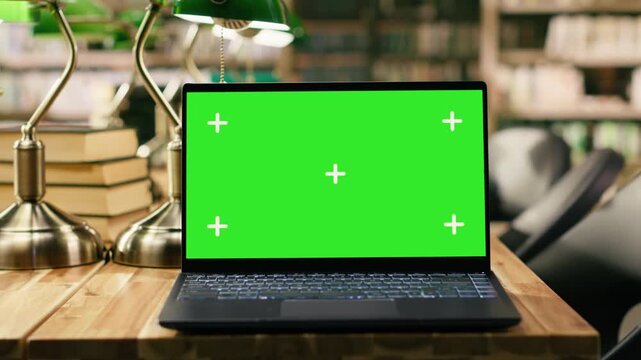 Green screen laptop mockup placed on wooden library desk with green lamps and books, offering copy space for education and academic learning.
