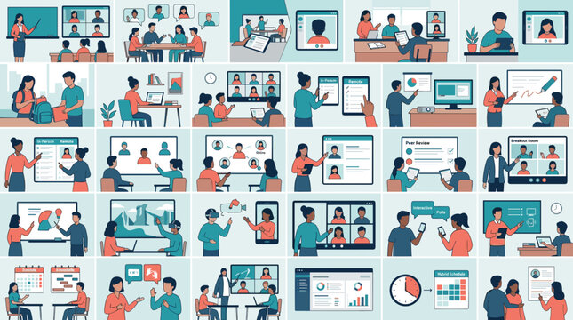 Collage of diverse online and in person learning and meeting scenarios vector