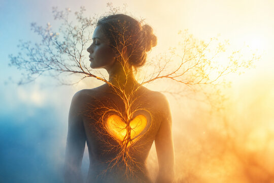 AI generated serene woman glowing heart tree radiant roots symbolizing emotional healing personal growth spiritual connection balance inner strength