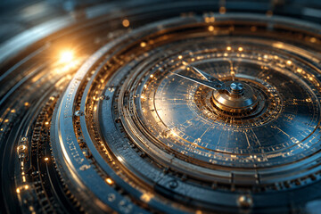 Naklejka premium AI generated intricate futuristic clockwork mechanism glowing concentric structures symbolizing precision time innovation engineering advanced technology