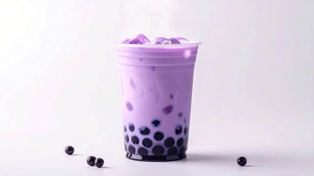 A close-up of a clear plastic cup filled with taro bubble tea, ice cubes, and black tapioca pearls