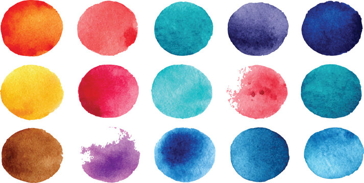 Set of colorful watercolor paint splashes and ink splatters with vibrant rainbow colors on watercolor circles brash multicolored. watercolor on white background. colorful watercolor circles brash mult