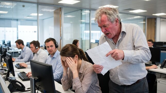 Furious senior boss holding papers and shouting at a stressed female office worker