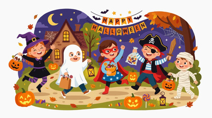 Fototapeta premium Happy Halloween children in costumes trick or treating with candy and pumpkins on a spooky night