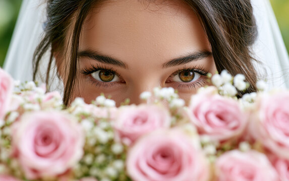 Bride with veil hides face behind pink roses bouquet. Young woman in white dress, wedding day flowers, outdoors. Happy bride smiles on marriage ceremony