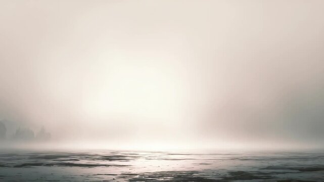 Misty sunrise over a tranquil landscape with soft fog gently covering the ground and distant trees barely visible. Atmospheric morning scene evokes calmness and serenity