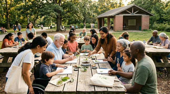 a group of people sitting around a picnic table