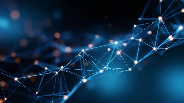 Abstract digital network background featuring interconnected glowing nodes and lines on a dark blue backdrop. Futuristic technology concept with dynamic light effects and depth of field
