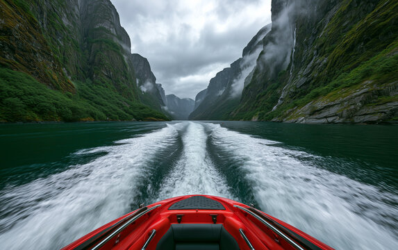 Red boat glides through misty fjord past green, steep mountains. Water churns behind vessel, creating white foamy wake. Dramatic landscape feels mysterious