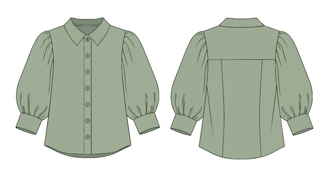 Sage Green Women's Puff Sleeve Blouse Fashion Technical Flat Sketch Template with Button Down Front and Back View