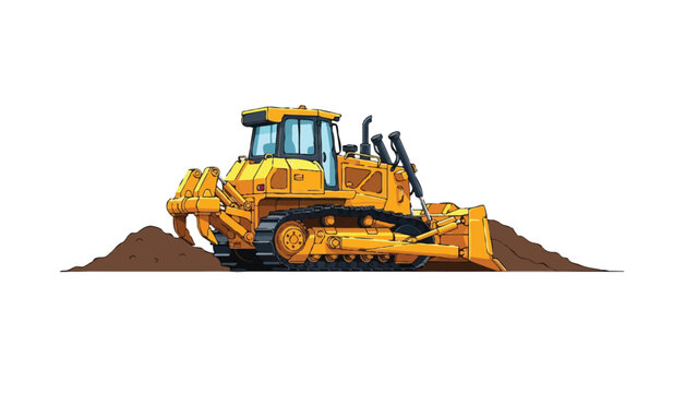 Yellow bulldozer moving soil illustration. Heavy construction machinery vector isolated on white.