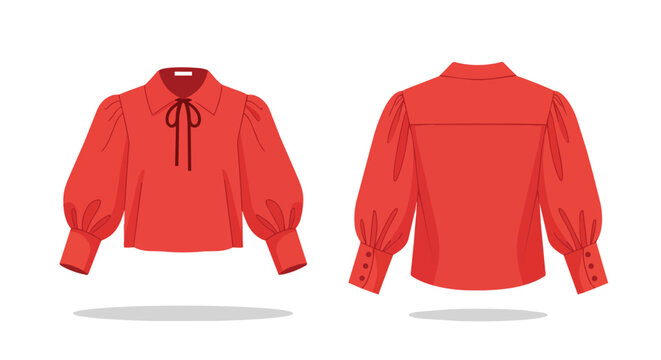 Stylish Red Women Blouse with Puff Sleeves and Bow Tie Detail Front and Back View Fashion Technical Sketch