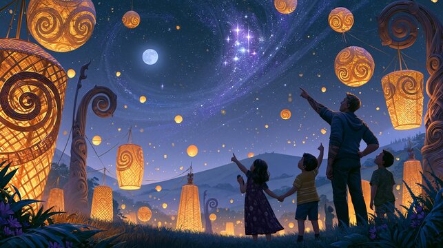 A family gathers outdoors beneath the New Zealand night sky, pointing toward a bright star cluster above woven lanterns and koru motifs. Warm celebratory mood, moonlit lighting, balanced wide