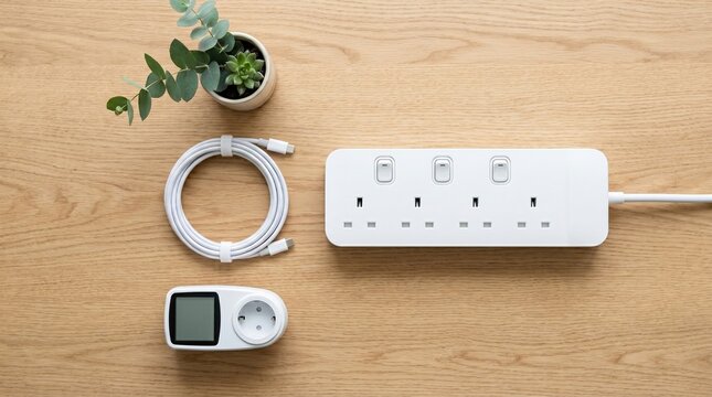 Flat lay of smart power strip and unplugged charger, Energy saving home equipment layout on wood background, Sustainable household tools mockup, Overhead view banner