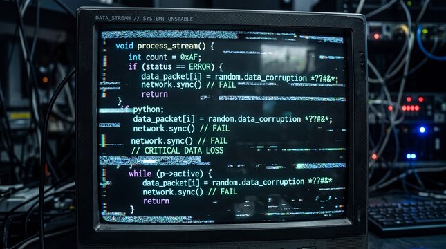 Vintage Computer Monitor Displaying Coding Errors with Glitches and Distorted Data Stream
