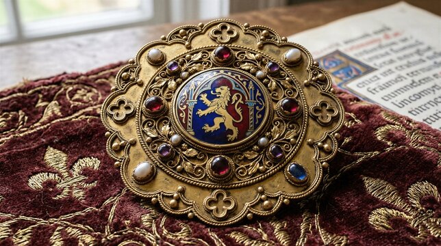 Medieval brooch with lion emblem on embroidered velvet cloth. Jewelry accessory with gold ornate metalwork and gemstone. Historical artifact exhibit from the Middle Ages history display.