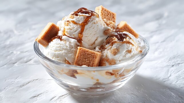 Delicious Ice Cream Sundae with Crushed Cookies and Caramel Sauce