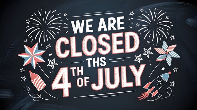 We are closed on the 4th of july holiday sign, chalkboard style illustration with fireworks, stars, pinwheel and rocket, patriotic celebration typography design
