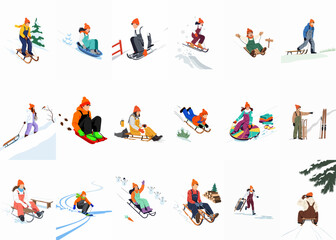 Fototapeta premium Set of flat vector illustrations showing various people and children enjoying winter outdoor activities like sledding, sliding on tubes, and playing in snow.