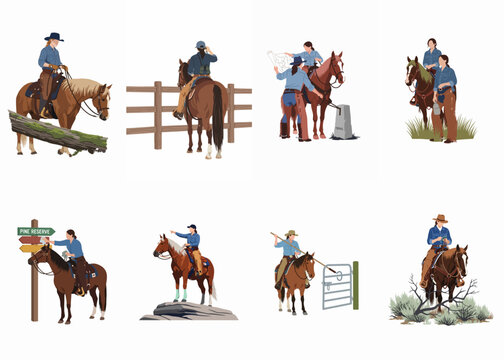 Flat Vector Illustration Set of Cowgirls and Female Ranchers Performing Various Horseback Riding and Ranch Maintenance Activities.