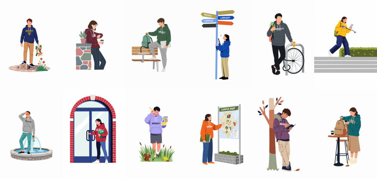 Vector illustration set of diverse university students in various campus scenarios including walking, studying, and navigating with maps.