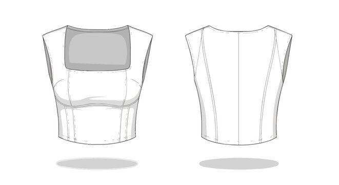 Technical Fashion Flat Sketch of Women's Sleeveless Square Neck Cropped Corset Top Front and Back Views