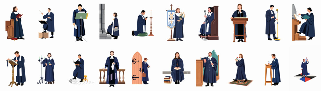 Set of flat vector illustrations of church officials and clergy members performing various religious duties and services in a church.