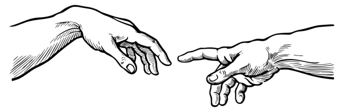 Black and white line of two reaching hands touching