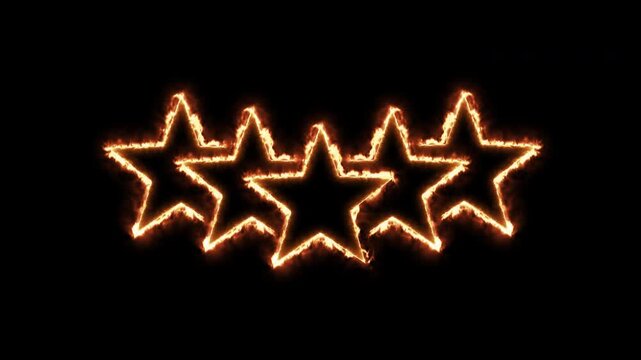 Animated Burning 5 Star Rating. Looping Fiery Review Icon on Alpha Channel.