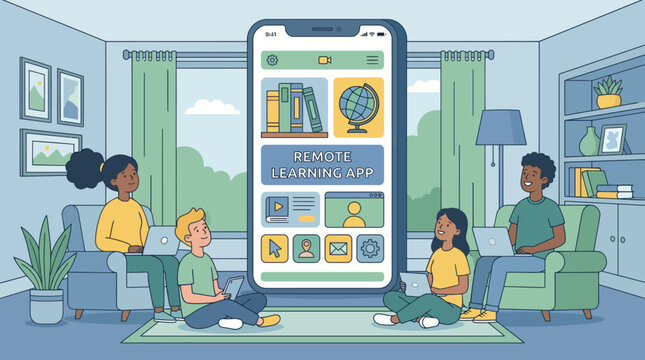 Family using online learning app together.