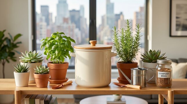 Organized apartment gardening with compost bin, Eco friendly living space integration, Sustainable urban lifestyle decor, Indoor plants and composting supplies